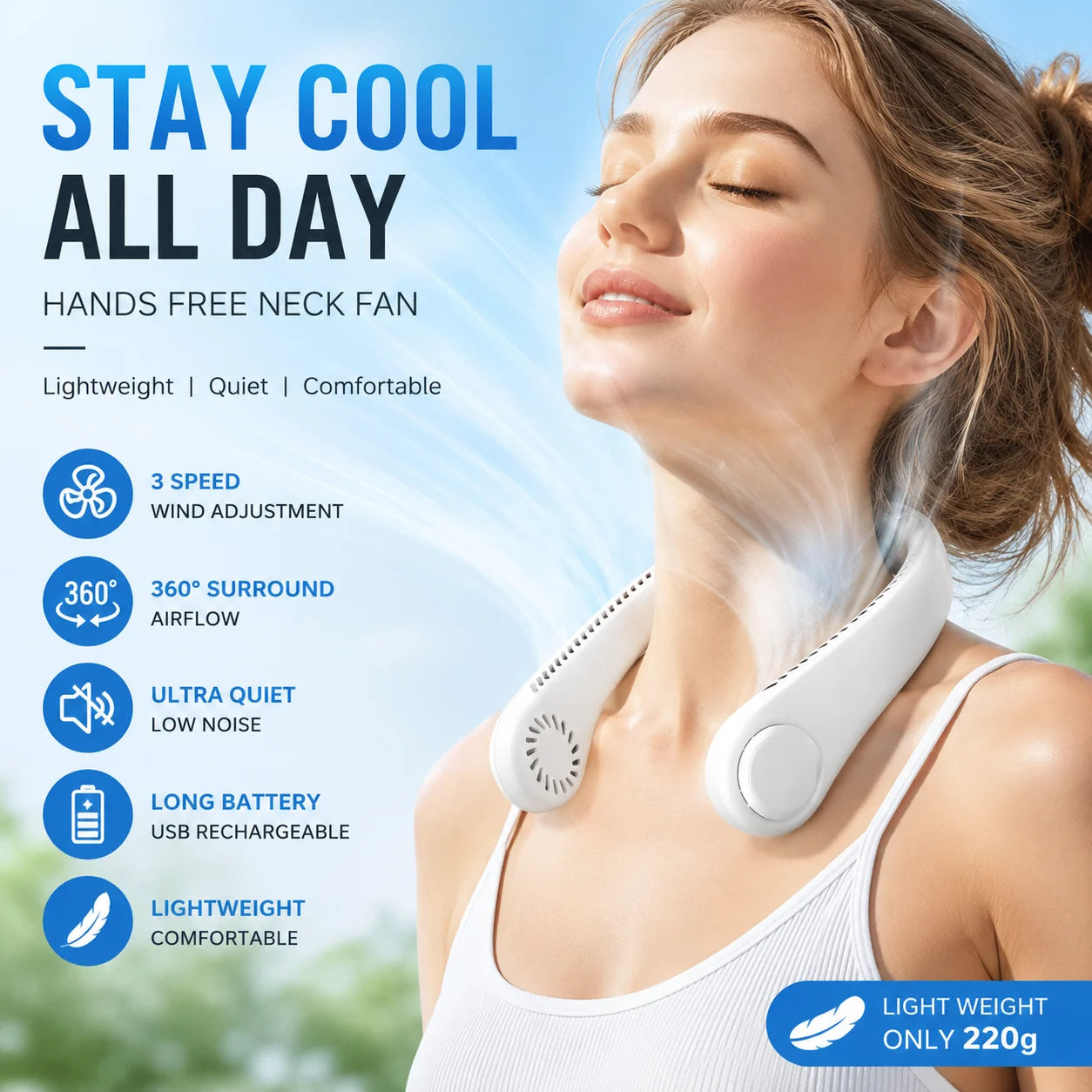 Hands-Free Portable Neck Fan – Bladeless Cooling, USB Rechargeable